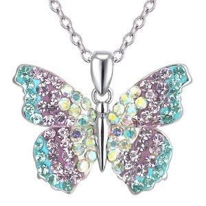 Crystal Silver Plated Iridescent Butterfly Pendant Necklace GIFT BOX Anniversary